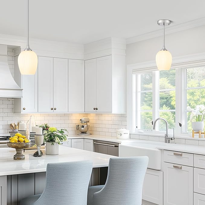 Brushed Nickel Pendant Lights Kitchen Island 2 Pack, 5.8" Modern Milk Glass Pendant Light Fixtures with Rods, Mini Hanging Lighting for Kitchen Island Sink Bathroom Dining Room, E26 Base