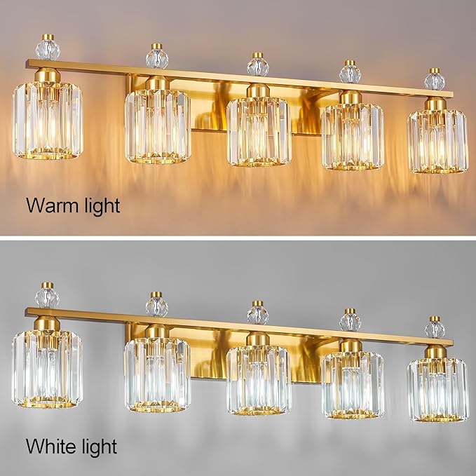 Bathroom Vanity Lights 5-Light Gold Modern Crystal Vanity Light Fixtures Over Mirror Crystal Bathroom Vanity Lighting Fixtures