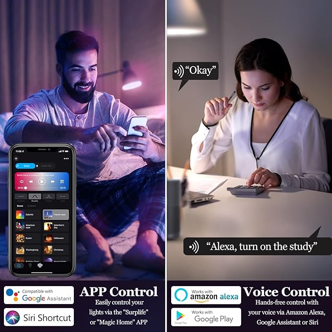 Smart Light Bulbs, WiFi & Bluetooth 5.0, Work with Alexa Google Assistant, App Control, Color Changing LED Bulb, E26 800LM Dimmable RGB Lights, Smart Home Lighting, Dimmable, 4Pack