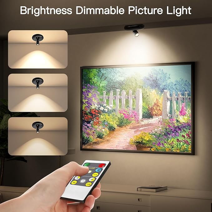 Wireless Led Spot light Battery Operated with Remote ,Up Light for Plants ,Down Light for Picture on Wall, Dimmable Timer Mini Accent SpotLight Painting Light for Trees Frame Dartboard Gallery Cabinet