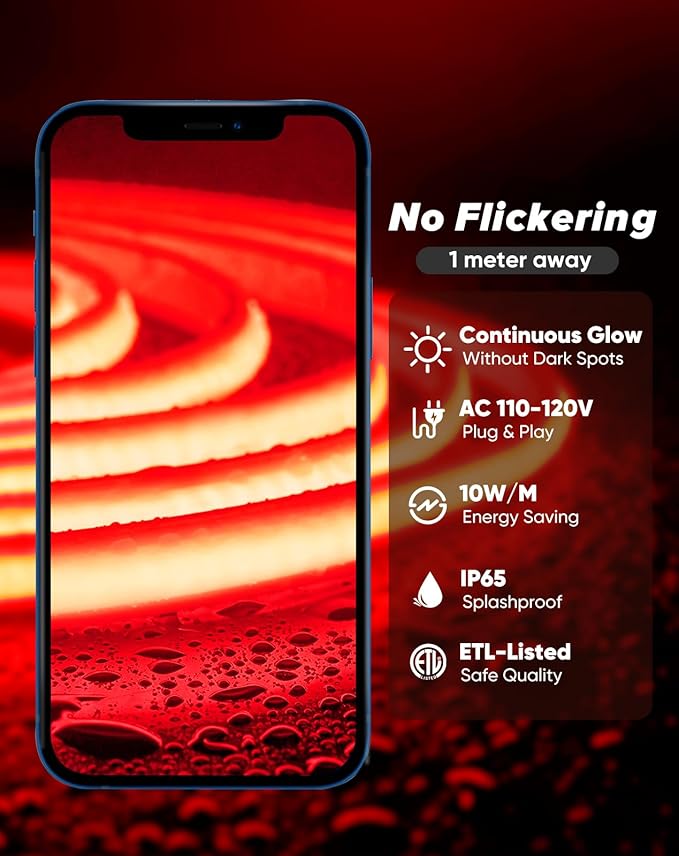 Shine Decor COB LED Rope Light AC 120V, 800lm Ultra Bright, IP65 Waterproof Cold-Resistant ETL Neon Strip, No Driver Tape Lighting for Home Commercial 10x4.5mm, Red, 50ft