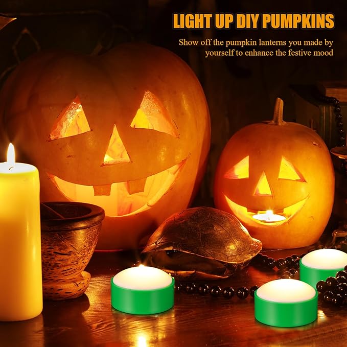 Riakrum 6 Pieces Remote Timer LED Lights with Remote LED Pumpkin Lights Battery Operated Lantern Bright Flameless Candle(Green,Warm Light)