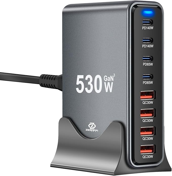 530W USB C Charging Station, 8-Port USB C Charger Block, PD 140W PD 65W QC 30W GaN Ⅲ Fast USB Charger for MacBook, Ipad, iPhone, Samsung