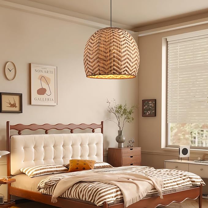 13.77" Rattan Pendant Light 1-Pack Rustic Curry Rattan Hanging Light Hand-Woven Wicker Chandelier for Dining Living Bedroom Kitchen Farmhouse