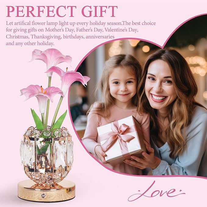 Flower Table Lamp, 3-Color Dimmable Artificial Flowers Night Light, Rechargeable Cordless Small Desk Lamp, Morning Glory with Crystal Vase for Party Date Home Decoration (Pink - Morning Glory)