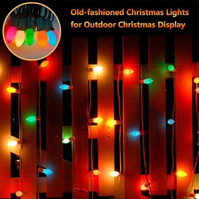 C7 Multicolor Christmas Lights Outdoor 25Ft Vintage Christmas String Light with 27 Ceramic Multicolor Bulbs(2 Spare), Hanging Rainbow Lights for Holiday, Prom, Party, Wedding, Christmas Decor