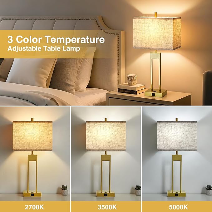GyroVu 25.5" Nightstand Table Lamps for Bedrooms Set of 2, Bedside Lamp with USB C+A, 3 Colors Changeable Living Room Lamp, Modern Night Stand Lamps for Bed Side Guest Room Reading, Gold+White Shade