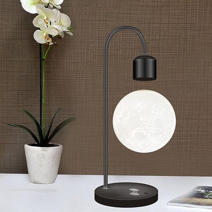 Unique Modern Levitating Lamp with Floating Light and Built-in Qi Wireless Charger, Simplistic and Innovative Design, Warm Decorative Night Light (Black Moon)