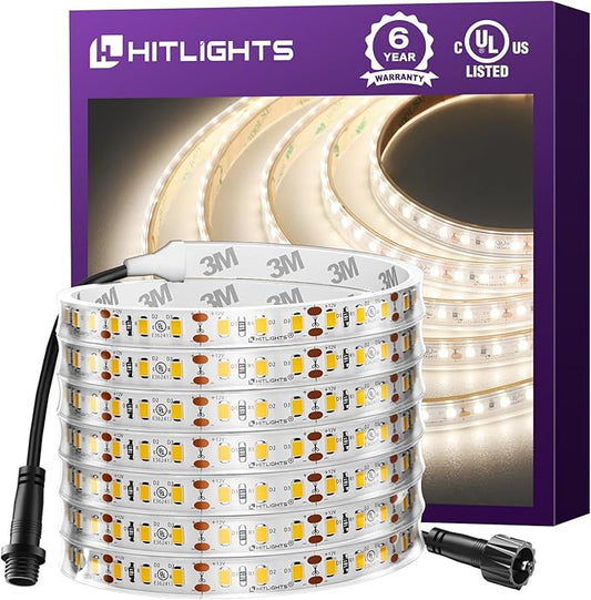 Outdoor LED Strip Lights Waterproof White, 16.4ft IP67 High Density Dimmable Tape Light 4000K, 600 LEDs, 300Lm/ft, 12V Flexible Rope Lights for Home, Balcony, Roof, Patio (Power Source Not Included)