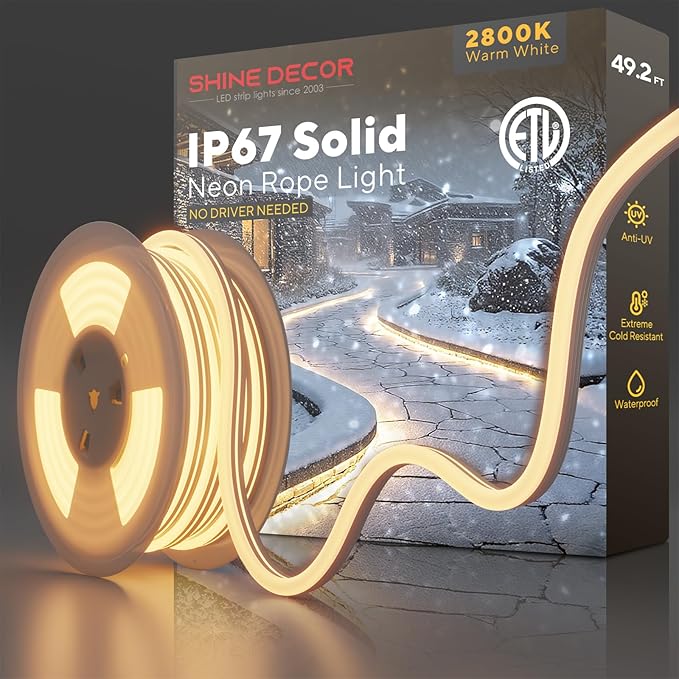 Shine Decor Outdoor LED Neon Rope Light, IP67 Waterproof Solid Silicone Enclosed Lighting Strip, ETL Listed Durable for -40F Extreme Cold Weatherproof, 120V No Driver Plug&Play 49ft 2800K Warm White