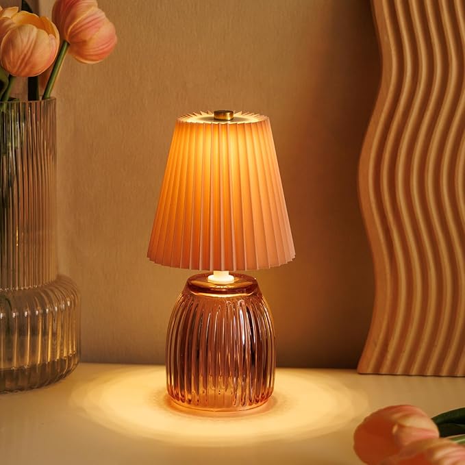 MJ PREMIER Small Battery Operated Lamp for Home Cordless Lamps with Timer 8.7 in High Battery Powered Pleated Lamp Emergency Small Lamps for Cozy Bedside Living Room Shelf Entryway Pink