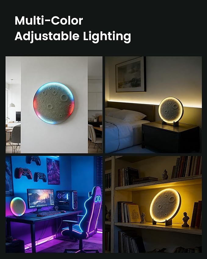 3D Moon Lamp – 3D Printed PLA Floating Moon, APP & Manual Control, RGB Music-Sync, Desktop & Wall-Mountable Night Light for Home, Kids, Party (Moon 11.6inches)