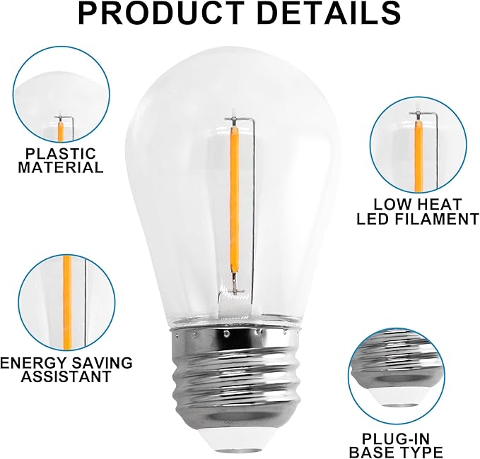 30-Pack S14 Replacement Light Bulbs for Outdoor String Light, Waterproof, E26 1Watt, Warm White 2200K, 70Lm,Non-Dimmable
