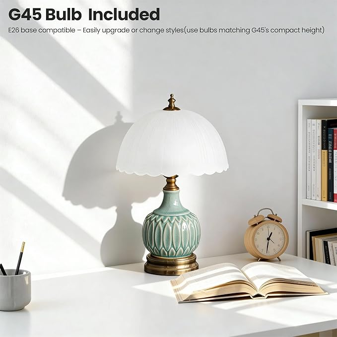 Ceramic Pattern Table Lamp with Frosted Glass Lampshade, Desk Bedside Small Lamps with 6ft Power Cord for Living Room Night Stands Bedroom (Bamboo Leaf)