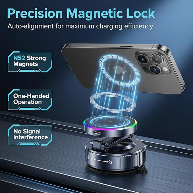 Vacuum Magnetic Phone Charging Holder Mount 15W Fast Wireless Charger for Car Magsafe 360° Adjustable Phone Holder with Nano Gel Suction Cup for iPhone 12-17 Pro Max (K5S)