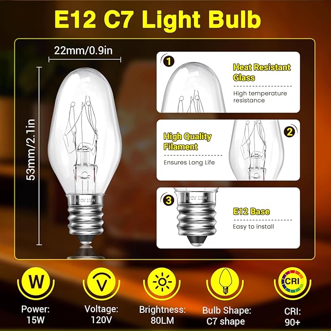 Himalayan Salt Lamp Bulbs 15W C7 Dimmable Rock Salt Light Bulbs E12 Base Night Light Bulbs for Scentsy Wax Warmer, Salt Lamp, Plug in Wax Diffuser Pack of 2