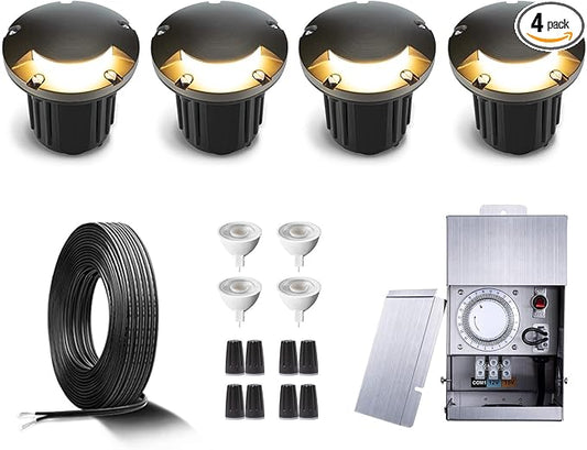 Gardenreet Brass In Ground Well Lights Kit(4 Pack) with 75W Low Voltage Transformer & MR16 Bulb & 100Feet Wire & Connectors, 12V LED Landscape Lighting for Outdoor Garden Walkway Path(1 Way Turret)