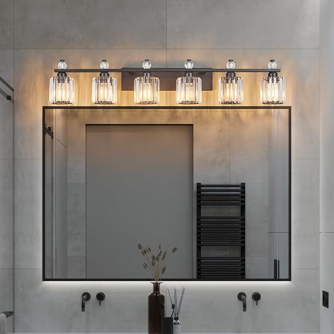 Bathroom Vanity Lights 6-Light Sand Black Modern Crystal Vanity Light Fixtures Over Mirror Crystal Bathroom Vanity Lighting Fixtures