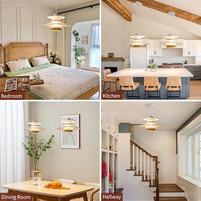 Modern Decor Adjustable Pendant Lamp Kitchen Island, Aluminum and Wood Finish,1-Light E26 Base Ceiling Hanging Light for Dining Room Shop Restaurant (White+Light Wood Grain, 40cm)