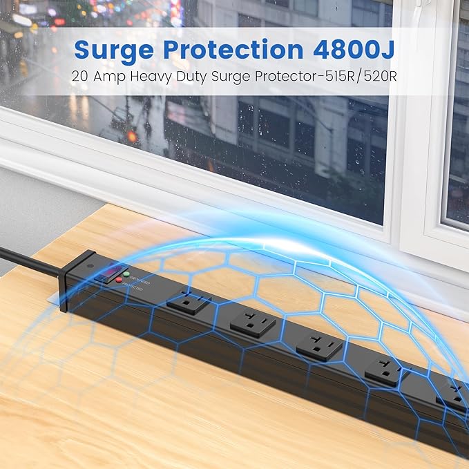 JUNNUJ Long 16 Outlet Power Strip Surge Protection 4800J, Wide Spaced Industrial Heavy Duty Outlets with 20Amp Switch, High Amp Extension Cord 6-20R T-Slot 4FT Black