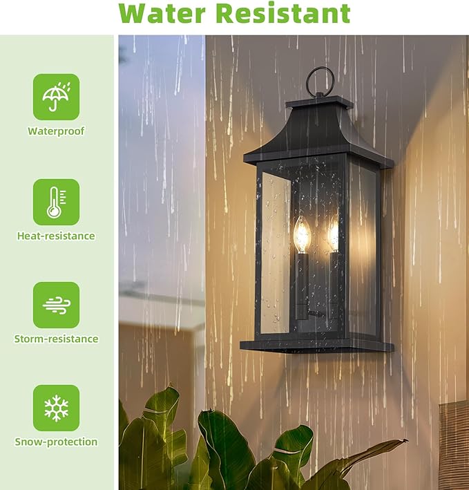 tewei 18'' Dusk to Dawn Outdoor Light Fixture, Porch Lights Outdoor Wall Sconce Lantern, 2-Light Black Exterior Lighting Fixture Wall Mount, Outside Light for House Garage, 2-Pack