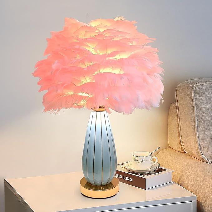 Pink Feather Table Lamp Creative Bedside Feather Lamp Simple Goose Furry Nightstand Light Fluffy Desk Lighting for Girl Bedroom Living Room Decoration Wedding Romantic Atmosphere