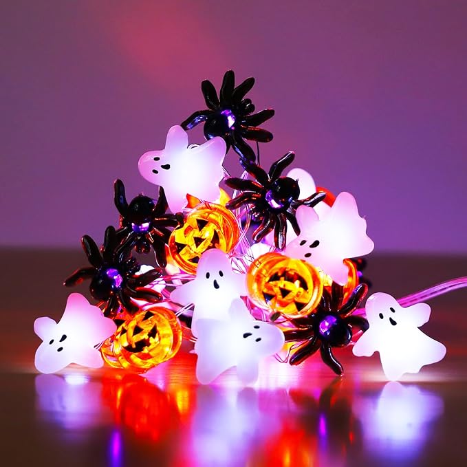 Halloween Decorations Fairy Lights White Ghost Orange Pumpkin Purple Spider, 30 LED Copper String Lights with Remote Control Battery Operated for Cosplay Party Supplies, Gothic Halloween Decor