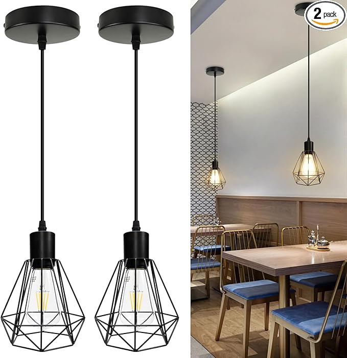 Industrial Black Pendant Light Fixtures, Adjustable Height Hanging Ceiling Lights for Kitchen Island with E26 Base, 2-Pack - Use for Hallway, Bedroom, Corridor Lighting