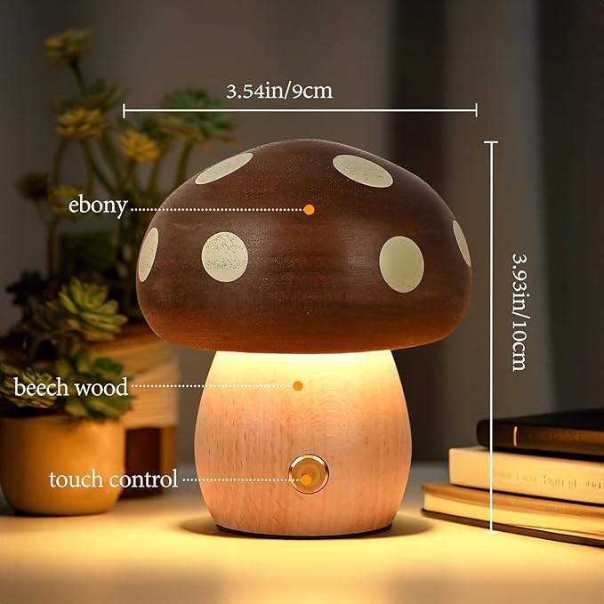 Wooden Mushroom Lamp - Rechargeable Touch Mushroom Light, Aesthetic Bedside Night Light Nature Decor Creative Gifts (Ebony + Beech)