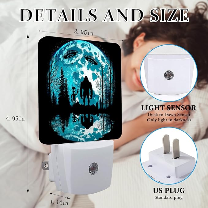 Bigfoot and Alien Night Light, Plug-into Wall Moon Forest Nightlight Lamp with Dusk to Dawn Sensor, Led Lamp 0.5W Energy Efficient for Boys Girls Adults Home Decor