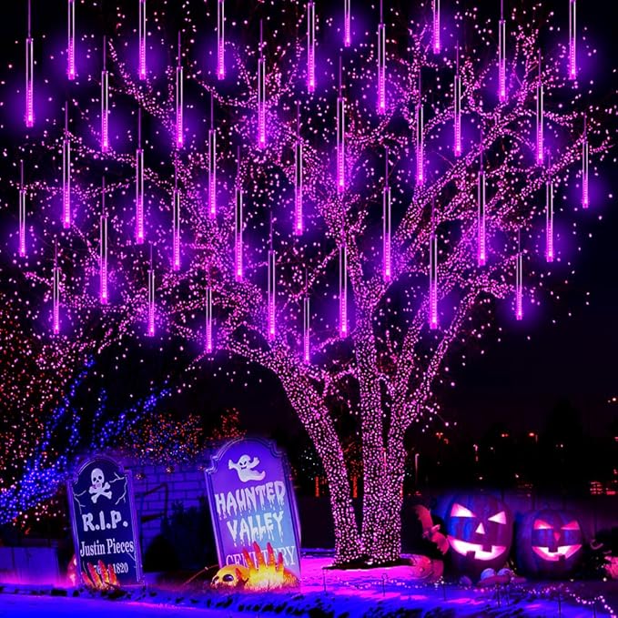 Halloween Lights Outdoor, Meteor Shower Lights 12 inch 8 Tubes Icicle Fairy String Lights for Halloween Christmas Decorations Tree Party Yard Outdoor, UL Plug, Purple