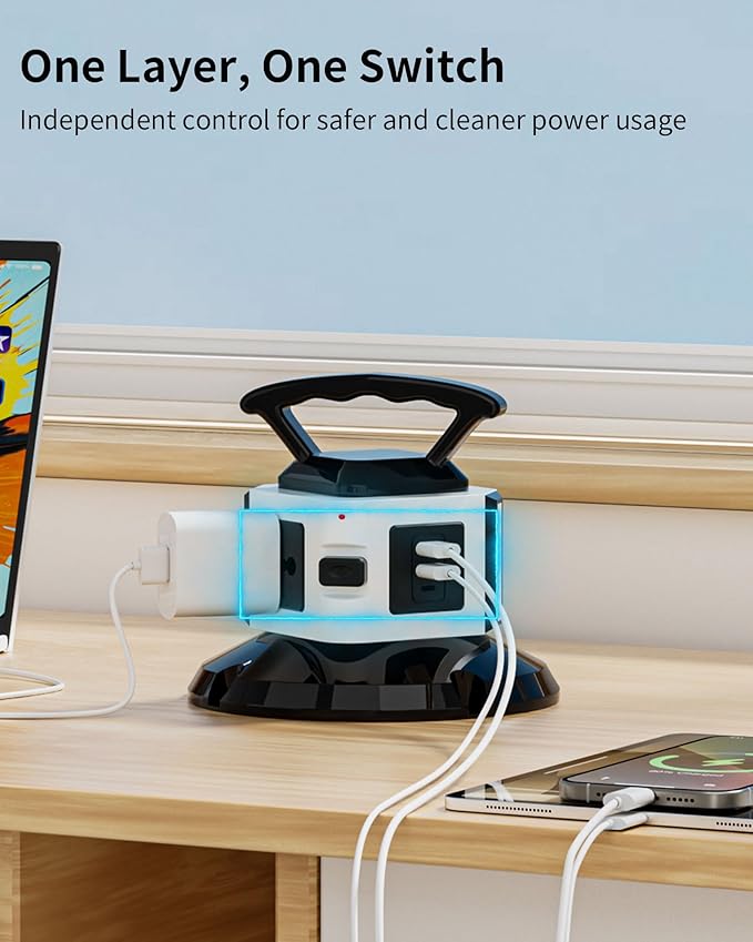 Power Strip Tower with 3 Outlets, 2 USB-A & 1 USB-C Ports, 1875W/15A Heavy Duty Charging Station for Multiple Devices, Plug Tower with 6ft Extension Cord, for Home, Office, Dorm