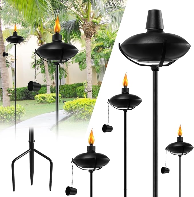 6 Pack Home Garden Torch, Outdoor Metal Torch Garden Décor,55-Inch Upgraded Citronella Torches with 3-Prong Grounded Stake, Metal Light Torches for Party Patio Pathway (More Stable)