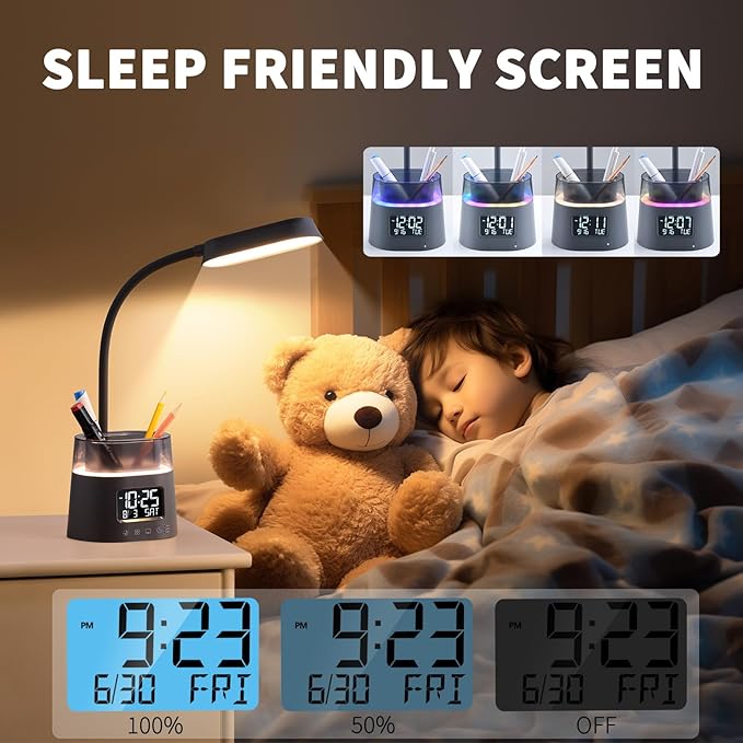 Led Desk Lamp for Home Office, Touch Table Lamp with Pen Holder, 3 Color Modes Stepless Dimmable Reading Light, Gooseneck Lamp for Dorm Room, Bedside Study Light with Clock for Kids, Girls, Boys