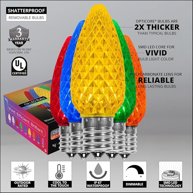 Wintergreen Lighting 100 C9 OptiCore LED Commercial Outdoor Christmas Lights – Heavy Duty Christmas String Lights; Green Wire (100 ft, Multicolor)