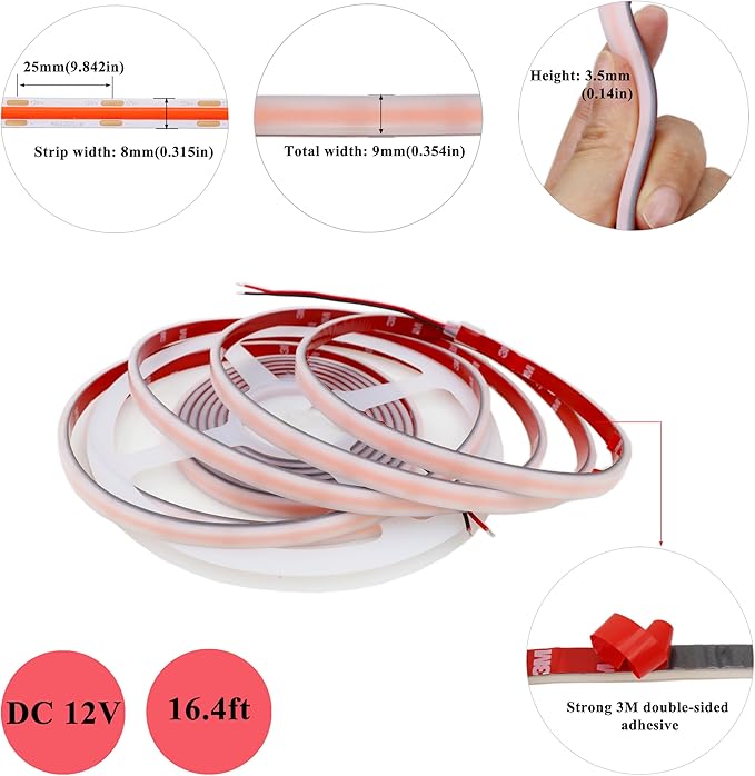 COB LED Strip Lights Red 480LEDs/m DC12V 16.4ft/5m Silicone Tube Waterproof IP67 Flexible LED Rope Lights for Outdoor Christmas Party Backlight DIY Decor