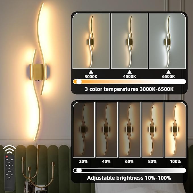 Battery Powered Wall Sconces Set of 2, Gold 39" LED Dimmable Wall Sconce with Remote Control/Timer/Memory, USB Rechargeable Wall Lights for Living Room, Bedroom, Hallway Wireless scones Lighting