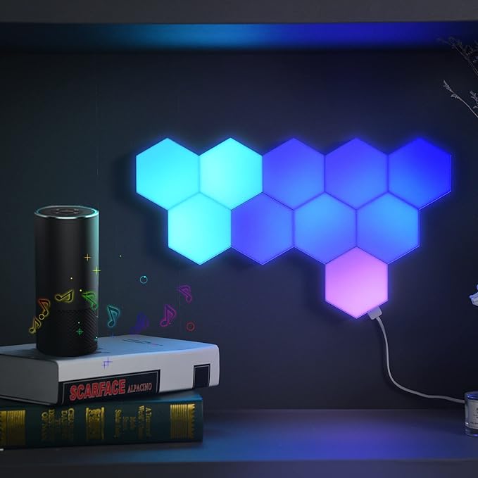 Yescom APP Control Hexagon LED Lights 10 Pack WiFi Wall Hex Light Gaming Room Bedroom Decor Compatible with Alexa Google