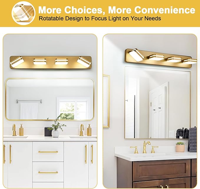1600LM LED Modern Bathroom Vanity Light Fixtures, 360° Rotate Acrylic Gold Vanity Lights for Bathroom, Modern Wall Lighting Fixtures Over Mirror Kitchen Living Room (Natural White Light 5000K)