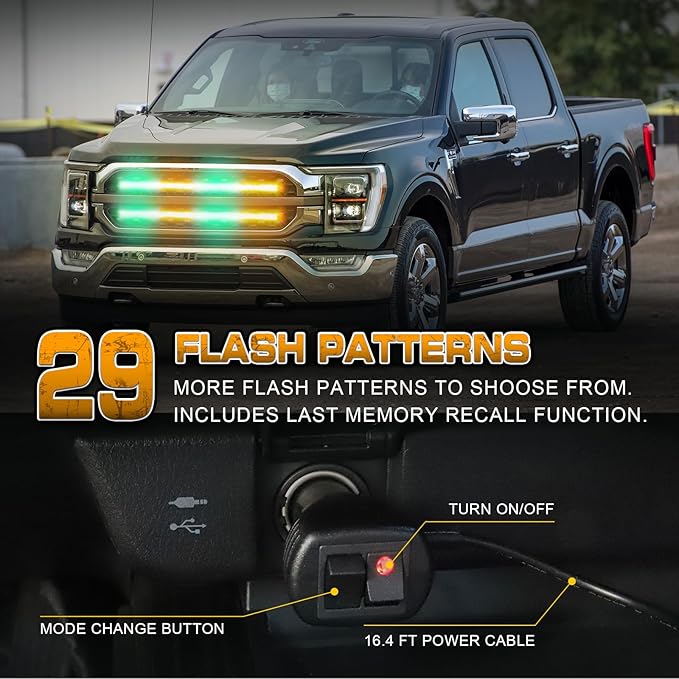 XRIDONSEN 2PCS 24 inch Truck Grill Emergency Lights Strip 288 LED Amber Green Grille Strobe Lights Flashing Warning Safety Waterproof First Responder Lights for Plow Trucks Construction Vehicles