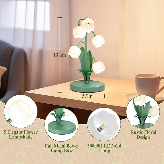 Green Flower Table Lamp, Bedside Vintage Table Lamps Lily of The Valley Lamp with 3 Color Modes, Kawaii Cottagecore Light for Bedroom, Dorm, Living Room,Home Decor (Green)