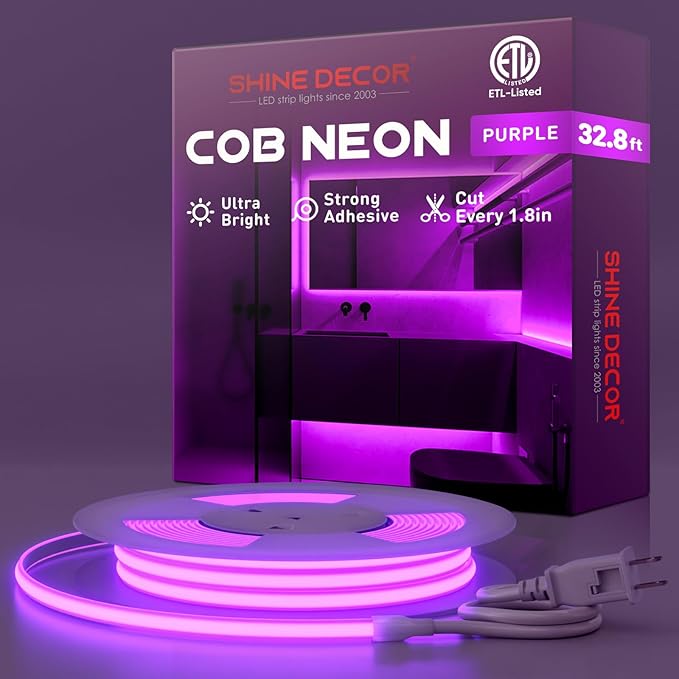 Shine Decor COB LED Rope Light AC 120V, 800lm Ultra Bright, IP65 Waterproof Cold-Resistant ETL Neon Strip, No Driver Tape Lighting for Home Commercial 10x4.5mm, Purple, 32.8ft