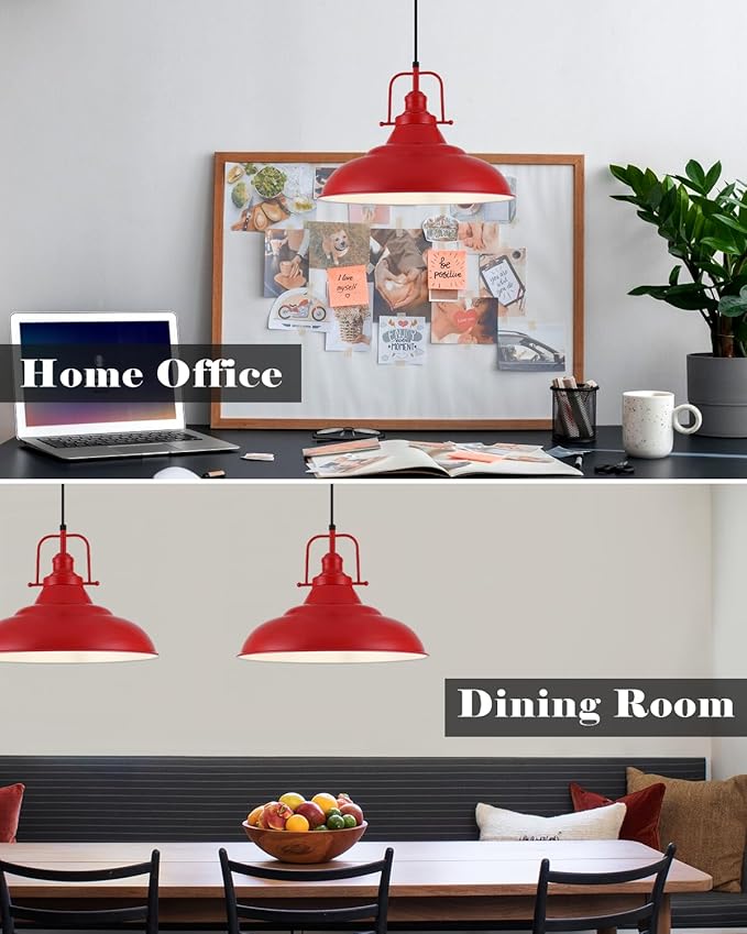 Red Pendant Light Kitchen Island,16 Inch Large Industrial Pendant Lights, Matte Red Pendant Lights, Vintage Farmhouse Pendant Light for Kitchen Island, Dining Room, Hallway (2 Pack)