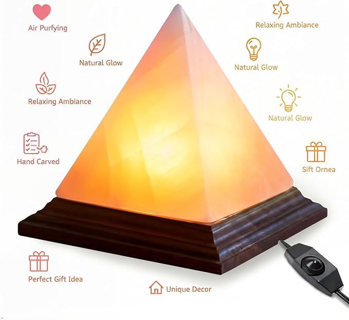 Himalayan Pink Salt Pyramid Lamp 7 Inch Tall with Dimmer Switch, Handcrafted Natural Crystal Salt Lamp, Warm Yellow Glow Night Light for Bedroom, Office & Home Decor Gift
