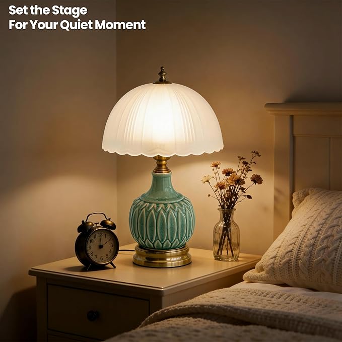 Ceramic Pattern Table Lamp with Frosted Glass Lampshade, Desk Bedside Small Lamps with 6ft Power Cord for Living Room Night Stands Bedroom (Bamboo Leaf)