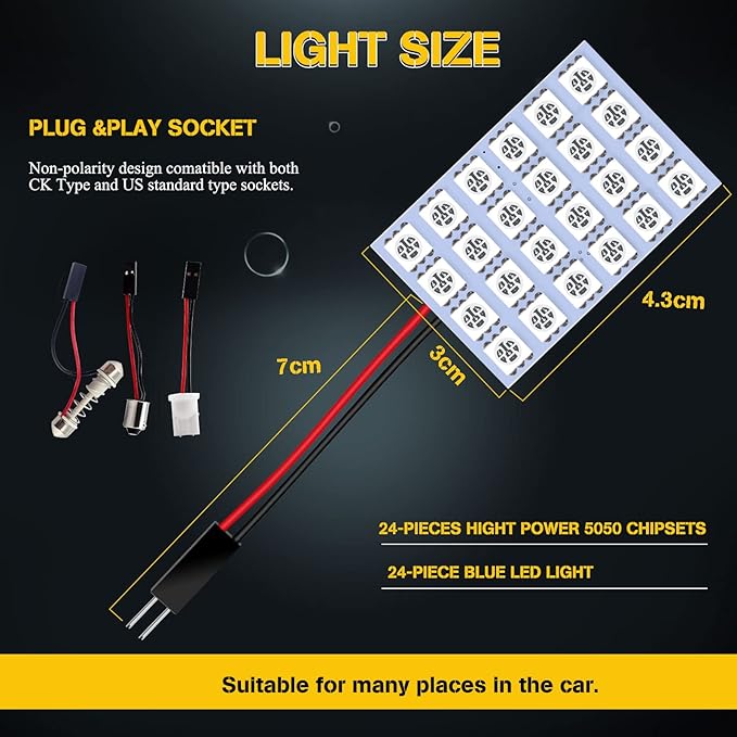 YM E-Bright 5-Pack Blue 5050 24SMD Led Panel Dome Light Lamp Auto Car Reading Interior Lamp DC 12V With T10 / BA9S / Festoon Adapters