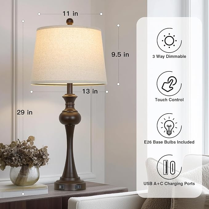 29" Brown Table Lamps Set of 2, Tall Bedside Lamps with USB C+A Ports, 3-Way Dimmable Touch Table Lamp, Nightstand Lamps for Bedroom,Modern Brown Lamps with Beige Lampshade, Bulbs Included