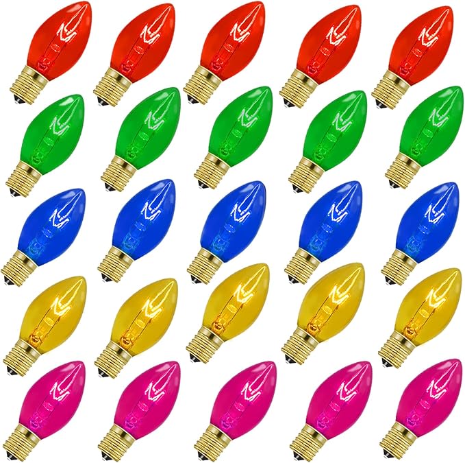 25 Pack C9 Replacement Christmas Light Bulbs,7 Watt C9 Multicolor Clear Light Bulbs for Christmas Indoor Outdoor Patio Halloween Party String Lights, C9/E17 Candelabra Base