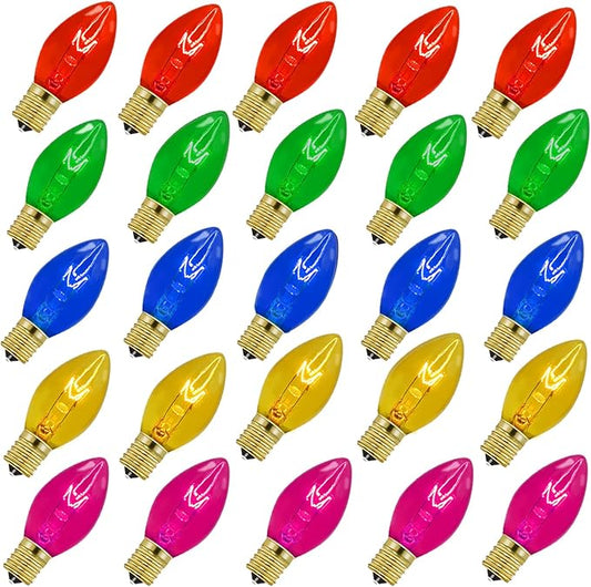 25 Pack C9 Replacement Christmas Light Bulbs,7 Watt C9 Multicolor Clear Light Bulbs for Christmas Indoor Outdoor Patio Halloween Party String Lights, C9/E17 Candelabra Base