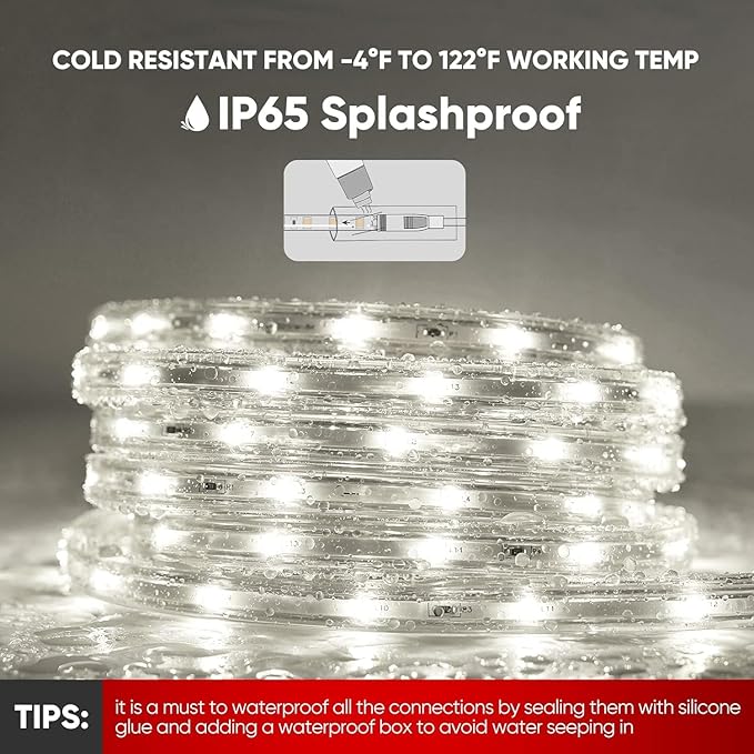Shine Decor LED Strip Lights 36w Low Consumption, Cold Resistant IP65 Waterproof Outdoor Rope Light 120 VAC, Cuttable Connectable Indoor Lite Lighting Strip 50 FT ETL Listed 7x10mm 6000K Cool White